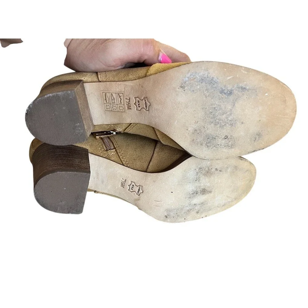 Tory Burch‎ Ankle Booties Womens 7.5 Tan Side Zip Block Heel Logo